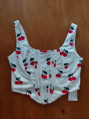 Kutumai Cherry Coquette Boned Zip Back Corset Crop Top Size M NWT